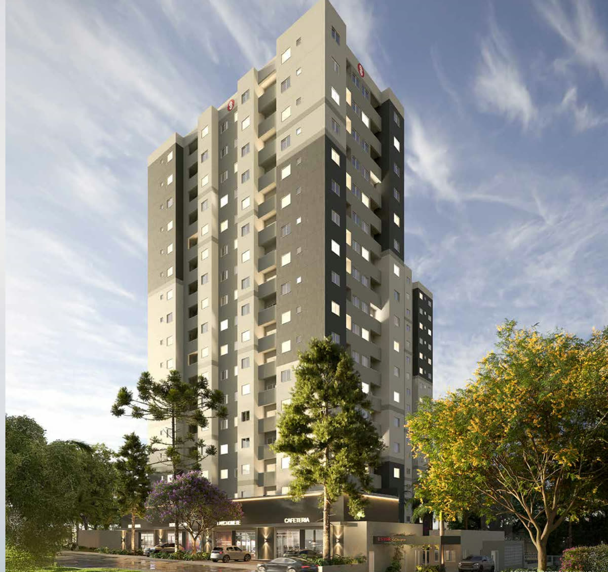Perspectiva da fachada do Siver Botanique Sorocaba: torre com lojas no térreo cercada de árvores